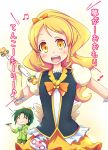  2girls ^_^ blonde_hair blush closed_eyes cure_honey eating green_hair happinesscharge_precure! heart highres kirimochi long_hair looking_at_viewer magical_girl midorikawa_nao multiple_girls oomori_yuuko open_mouth ponytail precure rice short_hair skirt smile_precure! translation_request yellow_eyes yellow_skirt 
