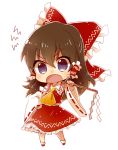  1girl ascot bow brown_eyes brown_hair chibi detached_sleeves fang gohei hair_bow hair_tubes hakurei_reimu long_hair open_mouth ribbon simple_background six_(fnrptal1010) solo touhou white_background 