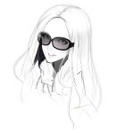 1girl bust commentary_request drawstrings eyelashes green_eyes highres lips long_hair looking_at_viewer monochrome original poaro signature simple_background solo space spot_color star sunglasses white_background 