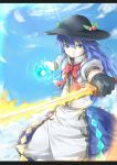  1girl blue_eyes blue_hair bow clouds dress energy_ball food frown fruit gloves hat highres hinanawi_tenshi long_hair peach scarlet_weather_rhapsody short_sleeves sky solo sword_of_hisou touhou weapon yomi_(yomi14_pyaon) 