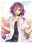  :o androgynous fingernails horn momogumi_plus_senki ouchi_kikyou purple_hair sano0822 shirt short_hair tears violet_eyes 