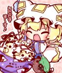  1girl :3 animal_ears blonde_hair blush bowl cat_ears cat_tail chen chibi chopsticks closed_eyes earrings fox_tail hat jewelry multiple_tails open_mouth ribbon ritateo short_hair smile solid_circle_eyes sukusuku_hakutaku tail touhou yakumo_ran yakumo_yukari 