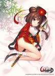  1girl :&lt; bandages bandaid barefoot black_eyes breasts brown_hair byulzzimon china_dress chinese chinese_clothes flower keychain long_sleeves lying on_side original panda plant shadow sheath sheathed short_hair solo sword unleashed weapon 