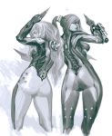  2girls ass bodysuit highres ikeda_masateru lips long_hair looking_at_viewer looking_back monochrome multiple_girls nova_(warframe) ponytail simple_background skin_tight valkyr_(warframe) warframe white_background 