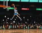  1girl basketball basketball_court basketball_hoop brown_hair crowd doyora dunk jumping kneehighs short_hair skirt solo_focus suzumiya_haruhi suzumiya_haruhi_no_yuuutsu 