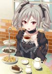  1girl blush cake choker cup dress drill_hair food gothic_lolita grey_hair hair_ribbon idolmaster idolmaster_cinderella_girls kanzaki_ranko kisugi_akira lolita_fashion long_hair open_mouth pastry red_eyes ribbon silver_hair sitting smile solo tea teacup teapot twin_drills twintails 