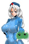  1girl blue_eyes bodysuit braid breasts hand_on_hip hat huge_breasts long_hair looking_at_viewer metroid metroid_(creature) samus_aran samus_aran_(cosplay) silver_hair smile torii5011 touhou yagokoro_eirin zero_suit 