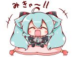  1girl ahoge animal_ears blush cat_ears chibi closed_eyes cushion green_hair hatsune_miku long_hair open_mouth outstretched_arms ritateo sitting smile spread_arms twintails vocaloid 