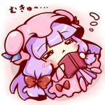  1girl blush book chibi closed_eyes hat long_hair patchouli_knowledge purple_hair ribbon ritateo sleeping touhou 