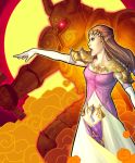  1girl brown_hair circlet earrings elbow_gloves gloves glowing glowing_eyes hair_ornament jess_(jelee) jewelry knight lips long_dress long_hair outstretched_arm pointy_ears princess_zelda smoke solo solo_focus spaulders super_smash_bros. the_legend_of_zelda twilight_princess white_gloves 