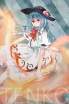  1girl applemerry63 blue_hair bow character_name dress food fruit hat highres hinanawi_tenshi legs long_hair looking_at_viewer peach red_eyes scarlet_weather_rhapsody short_sleeves solo sword_of_hisou touhou 