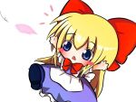  1girl blonde_hair blue_eyes blush bow chibi hair_bow long_hair open_mouth petals ribbon ritateo shanghai_doll touhou wind 