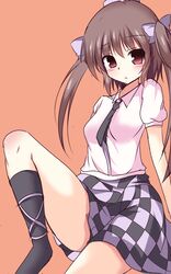  1girl black_legwear blush bow breasts brown_background brown_eyes brown_hair checkered checkered_skirt hair_bow hat highres himekaidou_hatate kneehighs leg_ribbon leg_up looking_at_viewer naba_(take_tonbo) necktie puffy_sleeves shirt short_sleeves simple_background sitting skirt solo tokin_hat touhou twintails 