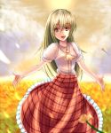  1girl adapted_costume alternate_hair_length alternate_hairstyle ascot blurry clouds cloudy_sky depth_of_field field flower flower_field green_hair kazami_yuuka long_hair long_skirt looking_at_viewer open_mouth plaid plaid_skirt red_eyes short_sleeves skirt sky solo touhou wendell 