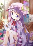  1girl bespectacled book bow capelet cierra_(ra-bit) crescent cup dress flower glasses hair_bow hair_ornament hat hat_bow long_hair long_sleeves looking_at_viewer mob_cap patchouli_knowledge pince-nez purple_hair sitting solo striped striped_dress touhou violet_eyes 