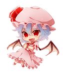  1girl bat_wings blue_hair bow chibi chin_rest dress fang hat mob_cap open_mouth red_eyes remilia_scarlet short_hair simple_background six_(fnrptal1010) solo touhou white_background wings 
