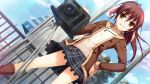  1girl brown_hair camera dutch_angle game_cg grin hand_on_hip jacket koi_de_wa_naku long_hair long_sleeves mitsuki_uto outdoors ponytail skirt smile solo tomose_shunsaku yellow_eyes 