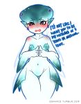  1girl bald blush earrings esakris extra_eyes fins full-face_blush green_skin jewelry looking_away monster_girl navel no_pussy ocarina_of_time pointy_ears princess_ruto small_breasts the_legend_of_zelda thigh_gap tsundere violet_eyes watermark web_address wide_hips zora 