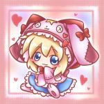  1girl :3 blonde_hair blue_eyes blush carrot chibi hat heart jacket pink_background ritateo shanghai_doll short_hair sitting smile touhou 