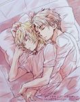  2boys bed blonde_hair buddy_complex himame jyunyou_dio_weinburg multiple_boys pillow short_hair sleeping spooning watase_aoba yaoi 