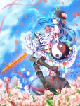 1girl absurdres blue_hair blue_sky boots bow chain clouds dress field flower flower_field food frilled_dress frilled_shirt frills frown fruit gensoukyou hat highres hinanawi_tenshi keystone long_hair looking_at_viewer pantyhose peach petals red_eyes ribbon scarlet_weather_rhapsody shield shoes short_sleeves sky solo sword sword_of_hisou touhou vivian_(lancerhd) weapon yin_yang 