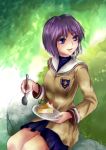  1girl blue_eyes cake clannad drawfag food fujibayashi_ryou hair_ribbon purple_hair ribbon school_uniform short_hair sitting skirt solo 