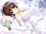  1girl bouquet breasts bridal_veil brown_hair dress elbow_gloves flower gloves green_eyes hatsukoi_1/1 highres jewelry koizumi_amane lying necklace pearl_necklace rose solo tokizaki_maya veil wedding_dress white_rose 