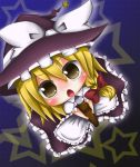  1girl blonde_hair blue_background blush broom broom_riding chibi hat kirisame_marisa long_hair open_mouth ribbon ritateo star touhou 