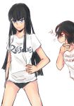  !? 2girls black_hair black_panties blue_eyes clothes_writing drawfag drool hand_on_hip kill_la_kill kiryuuin_satsuki long_hair matoi_ryuuko multiple_girls panties sleepy staring t-shirt underwear waking_up 