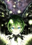  1girl antennae blue_eyes bust colored_eyelashes fireflies forest grass green_hair hoshara looking_at_viewer nature night open_hands outdoors parted_lips raised_hand short_hair sky solo star_(sky) starry_sky tears touhou wriggle_nightbug 