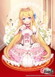  1girl blonde_hair blue_eyes bow braid breasts byulzzimon dress flower frills hair_bow long_hair magic_circle musical_note open_mouth original smile solo thigh-highs tiara unleashed white_legwear 