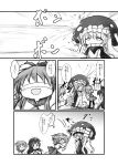  &gt;_&lt; 0_0 4koma akatsuki_(kantai_collection) blindfold cape comic folded_ponytail hat highres ikazuchi_(kantai_collection) inazuma_(kantai_collection) kantai_collection kouba long_hair monochrome neckerchief open_mouth pantyhose pipe school_uniform serafuku shinama short_hair skirt smile stick translation_request trembling wo-class_aircraft_carrier 