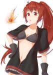  1girl blowing blush breasts fire gloves hand_on_hip long_hair looking_at_viewer open_mouth original partially_open_shirt ponytail red_eyes redhead sakamoto-cat shorts solo 
