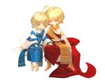  1boy 1girl :&lt; ahoge blonde_hair bracelet chibi dress earrings fate/stay_night fate/zero fate_(series) gilgamesh green_eyes highres jewelry lilin99jh necklace red_eyes saber sandals toga 