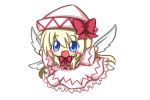  1girl blonde_hair blue_eyes blush chibi hat lily_white long_hair open_mouth outstretched_arms ribbon ritateo smile spread_arms touhou wings 