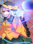  1girl arm_up blue_eyes blue_rose bow flower frilled_sleeves frills front_mae hat hat_ribbon highres komeiji_koishi long_sleeves looking_at_viewer open_mouth ribbon rose shirt short_hair silver_hair simple_background skirt solo subterranean_animism third_eye touhou wide_sleeves 