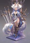  1girl amber_eyes animal_ears armor armored_dress belt cat_ears faux_figurine floating fom_(lifotai) fox_tail full_body gauntlets gradient gradient_background grey_background highres jewelry lazas long_hair looking_at_viewer necklace original pixiv_fantasia pixiv_fantasia_fallen_kings pouch scepter solo standing sword tail thighs tree weapon white_hair 