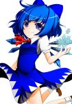 1girl abuto5523 ankle_socks blue_eyes blue_hair bow cirno dress hair_bow highres legs_folded looking_at_viewer mary_janes open_hand raised_hand ribbon shoes short_hair short_sleeves simple_background smile snowflakes solo touhou white_background wings 