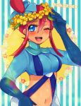 1girl 2014 blue_eyes blush breasts dated flower_wreath fuuro_(pokemon) gloves hair_ornament heart large_breasts lgw7 looking_at_viewer midriff navel open_mouth pokemon redhead solo wink 