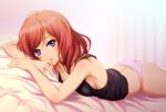  1girl bed_sheet blush breasts lips looking_at_viewer love_live!_school_idol_project lying nishikino_maki on_stomach panties parted_lips pink_panties redhead shian_(my_lonly_life.) short_hair sideboob solo tank_top underwear violet_eyes 