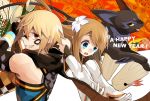  1boy 1girl amarisu blonde_hair blue_eyes brown_hair creature detached_sleeves emil_castagnier flower gloves grin hair_flower hair_ornament happy_new_year long_hair marta_lualdi red_eyes smile tales_of_(series) tales_of_symphonia tales_of_symphonia_knight_of_ratatosk tenebrae 