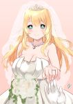  1girl alternate_costume atago_(kantai_collection) blonde_hair bouquet breasts bridal_veil bride dress flower green_eyes jewelry kantai_collection long_hair mirakuruone necklace personification pov ring smile solo solo_focus veil wedding_dress 
