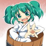  1girl bucket dairi green_eyes green_hair hair_bobbles hair_ornament hand_on_hip in_bucket in_container japanese_clothes kimono kisume long_sleeves looking_at_viewer open_mouth sash smile solo touhou twintails wide_sleeves yukata 