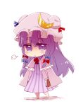  1girl book bow chibi crescent hair_bow hat long_hair patchouli_knowledge purple_hair ribbon simple_background six_(fnrptal1010) solo touhou violet_eyes white_background 