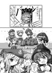  !? &gt;_&lt; 5girls :d akatsuki_(kantai_collection) blindfold chibi comic folded_ponytail food fruit hat hibiki_(kantai_collection) highres ikazuchi_(kantai_collection) inazuma_(kantai_collection) kantai_collection kouba long_hair monochrome multiple_girls open_mouth pipe school_uniform serafuku shinama short_hair skirt smile solid_circle_eyes suikawari tears translation_request watermelon wo-class_aircraft_carrier xd 