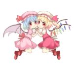  2girls ankle_boots ankle_socks ascot bat_wings blonde_hair blue_hair boots cheek-to-cheek doboncho flandre_scarlet hat hat_ribbon highres holding_hands interlocked_fingers legs_folded looking_at_viewer mary_janes mob_cap multiple_girls remilia_scarlet ribbon shoes short_hair short_sleeves siblings simple_background sisters skirt skirt_set smile touhou white_background wings 