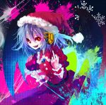  1girl alternate_costume blue_hair hat headphones lowres middle_finger mirimo open_mouth puffy_sleeves red_eyes remilia_scarlet santa_hat shirt short_sleeves skirt smile solo touhou wrist_cuffs 