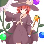  1girl ball dress flower hat highres kirisame_marisa kirisame_marisa_(pc-98) red_eyes redhead ribbon short_hair smile staff star touhou touhou_(pc-98) witch_hat yuegatobu 