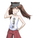  1girl bare_shoulders brown_eyes brown_hair clothes_writing grin hand_on_hips iwatobi_hiro kantai_collection long_hair looking_at_viewer ryuujou_(kantai_collection) smile solo tank_top translation_request visor_cap 