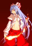  1girl bangs blunt_bangs colored_eyelashes eyelashes fire fujiwara_no_mokou grey_hair hair_ribbon hime_cut long_hair midriff navel open_clothes open_shirt red_eyes ribbon shingo_(missing_link) shirt silver_hair solo touhou very_long_hair 